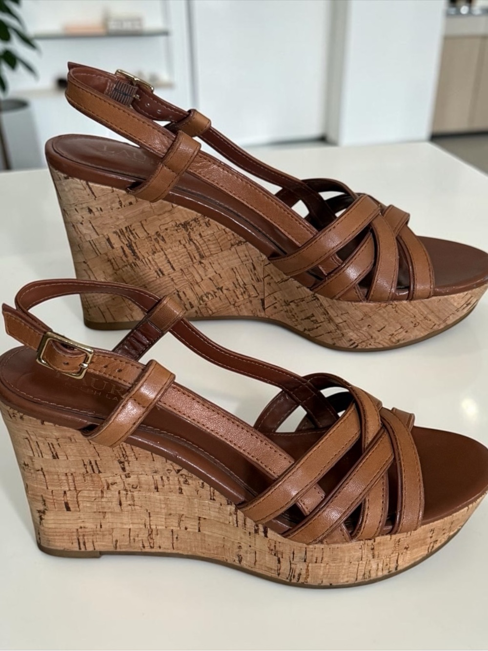 Lauren Ralph Lauren Brown Leather Cork Wedge Strappy Slingback Sandals! Size 5.5